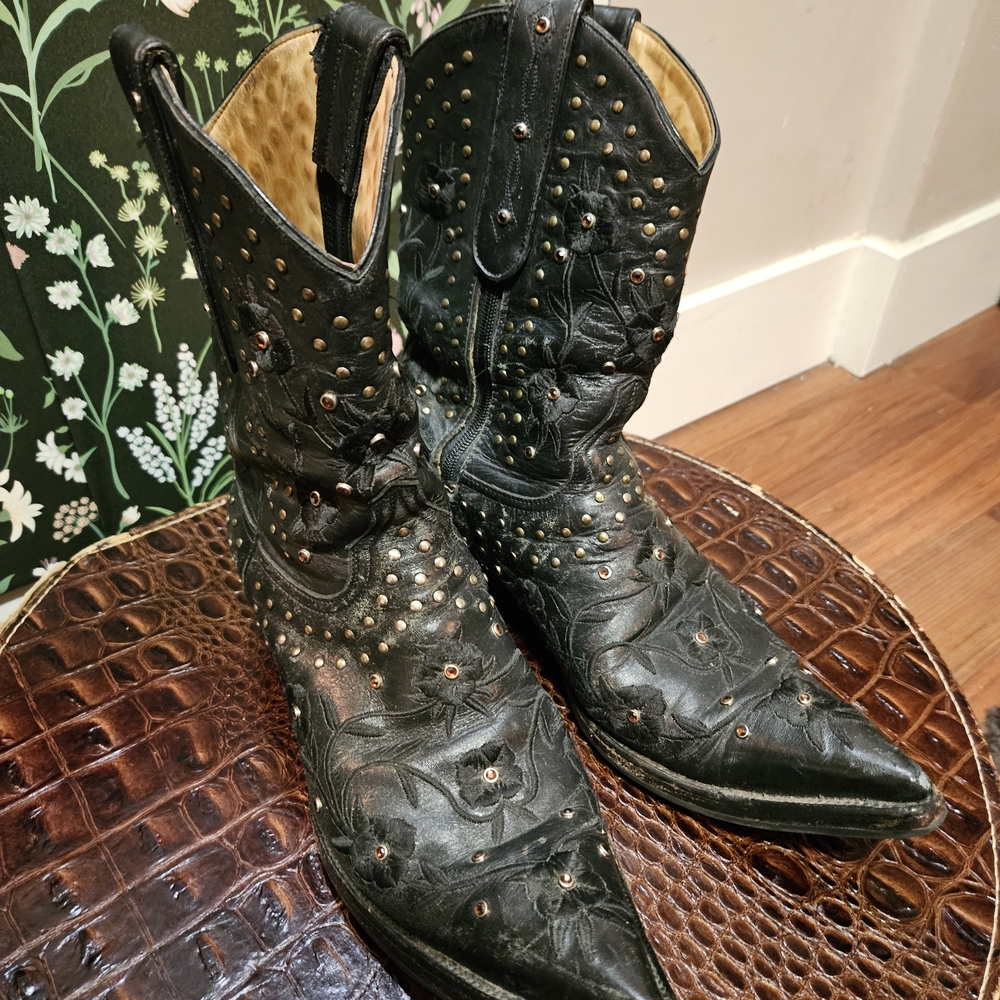 Studded Black Leather Ankle Cowboy Boots